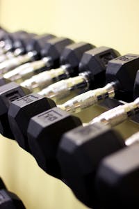 Rows of hex dumbbells in a modern gym symbolize strength and fitness.